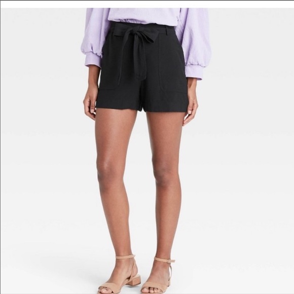 a new day Pants - Black paper bag shorts with belt.